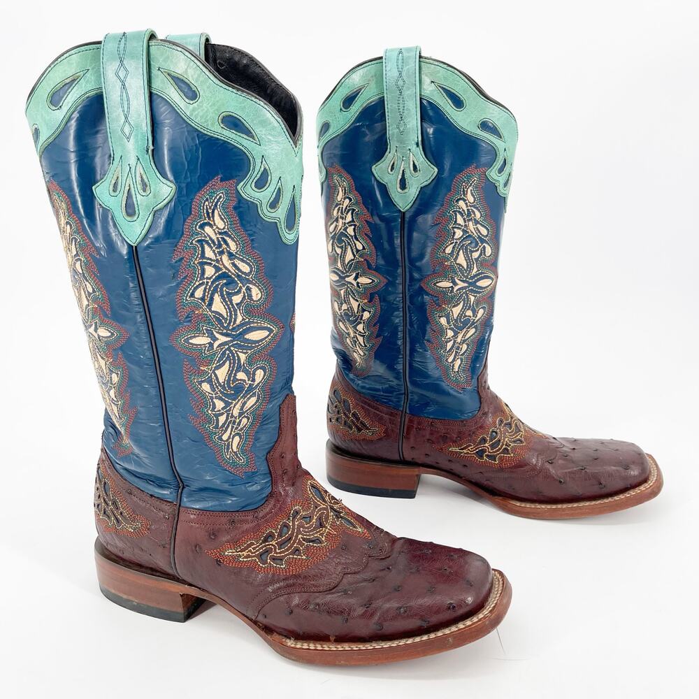 Lucchese Blue Brown Amberlyn Full Quill Ostrich Western Cowgirl Boot size 9.5